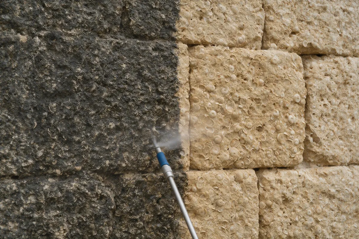 Mur de calcària nummulítica de Girona amb la meitat bruta i la meitat neta mostrant els fòssils del carreu